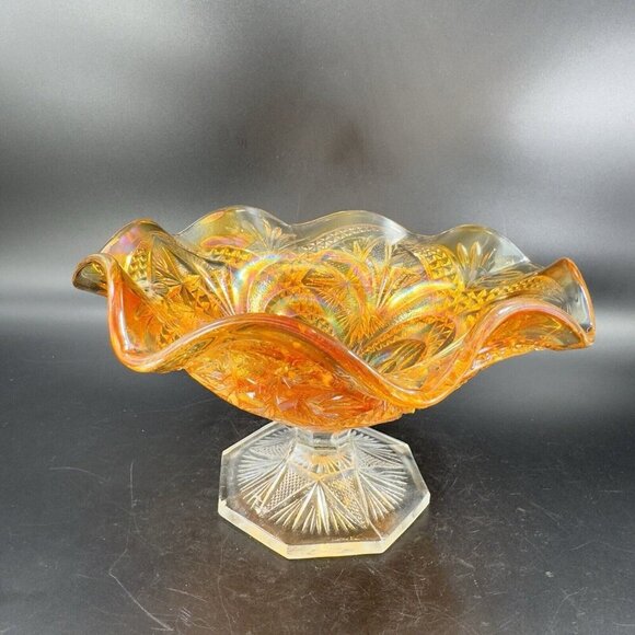 Imperial Glass Iridescent Marigold Carnival Glass Ruffled Footed Bowl Dish VTG - Picture 16 of 16